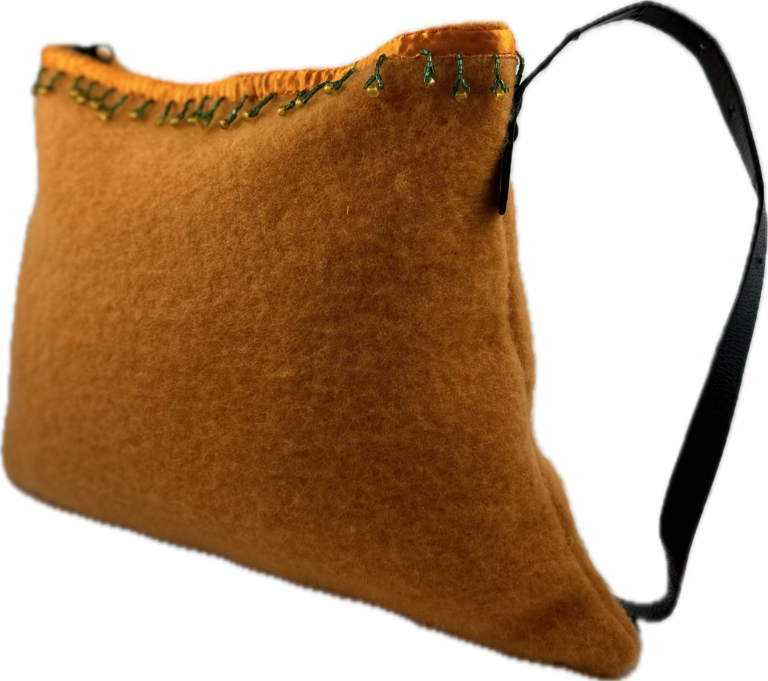 Camel purse with beaded trim and leather strap